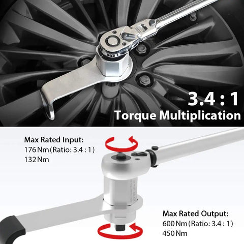 3.4 To 1 Compact Torque Multiplier For Auto Maintenance, Delivers Up To 600 Newton Meters Output, One Half Inch Drive From Male To Female Adapter, Handy Labor Saving Lug Nut Tool For Tire Changes, 443 Foot Pounds