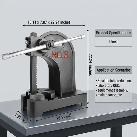 3 Ton Arbor Press Machine With Heavy Duty Cast Iron Base Steel Anvil Plate Delivers 6612 Lbs Force For Smooth Bearing Punching Tasks shown from the side with dimensions 18.11 x 7.87 x 22.24 inches.