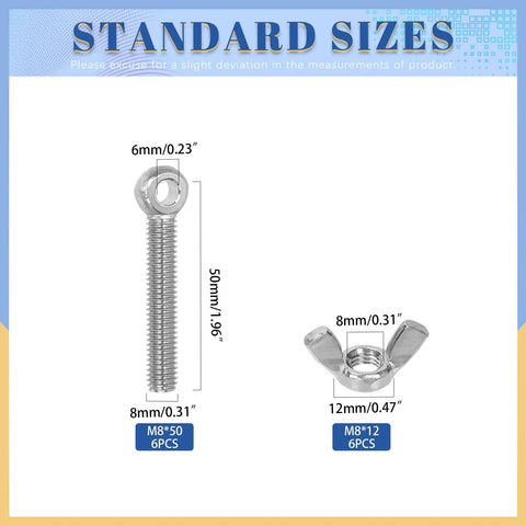 6 Sets M8 x 50mm Lifting Shoulder Eye Bolts With Wing Nuts Kit dimensions shown