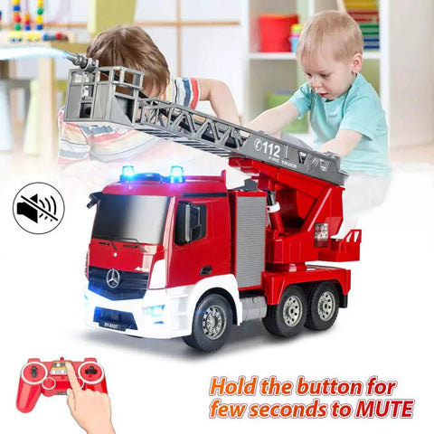 Benz Licensed Remote Control Fire Truck Toy With Realistic Alarm Lights, Working Water Pump, and Rotating Ladder in play