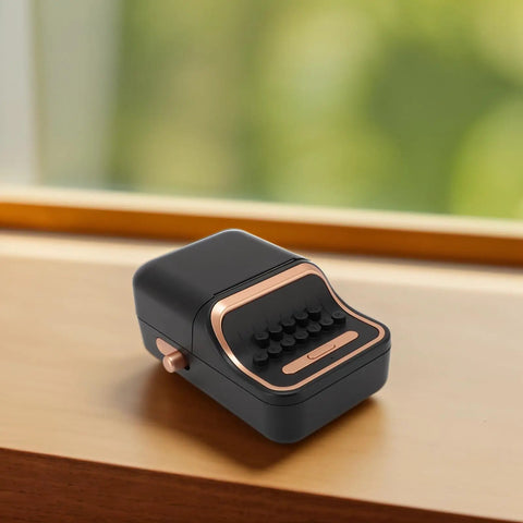 Cool Retro Label Printer With Bluetooth 5.0 Connectivity And Compact Design showing a sleek portable design on a wooden surface.