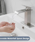 Swanky Brushed Nickel Waterfall Bathroom Faucet With Single Handle For Modern Sinks And 1 Or 3 Hole Installations in use