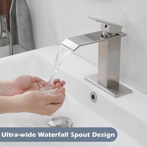 Swanky Brushed Nickel Waterfall Bathroom Faucet With Single Handle For Modern Sinks And 1 Or 3 Hole Installations in use