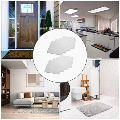 Vacuum Tech Rug Pad Gripper For Hardwood Floors No Damage shown in various home settings; 4-pack, non slip under rug tape.