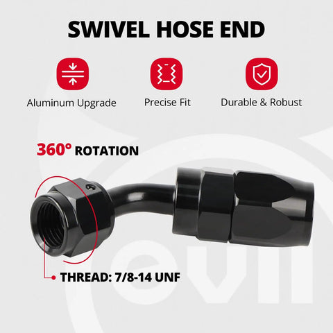 Top Shelf 10AN Fuel Line Kit With Braided CPE Hose And Aluminum Fittings For Street Trucks Plus Wrench And Vise Jaw Pads To Rock Your Ride With A Sick 625 PSI Durability Level That Looks And Runs Awesome. Swivel hose end, 7/8-14 UNF thread, 360° rotation
