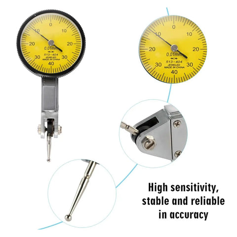 Dial Indicator Magnetic Holder And Bore Gauge Kit For Precision Measurements, 0-0.8mm Range, Tungsten Carbide Probe, Movable Probe, Sponge Handle, Magnetic Stand Base, Pro Grade High Precision Micrometer Tool For Watchmakers And Machinists. Yellow 0.01mm dial indicator with probe close-up.