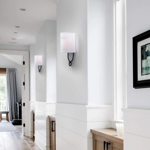 Modern Wall Sconces With White Fabric Shade Two Pack For Bedroom Hallway Entryway Bathroom Vanity Bedside Lighting Metal Fixture With Curved Design And Open Back Compatibility With LED Incandescent CFL Halogen Up To 40W E12 Bulbs Not Included shown in hallway setup.