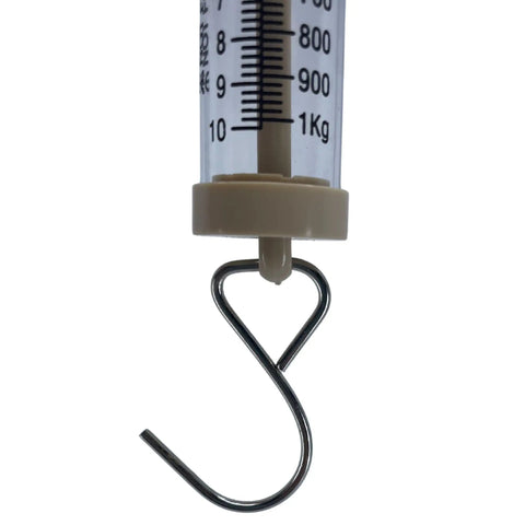 Dual Scale Newton Force Meter Spring Scale With 10N Max Capacity And 1 Kilogram Reading, Pro Grade Precision Lab Ready Educational Tool With Easy Twist Zero Calibration For Quick, Accurate Measurements In Class Or Lab., close-up of clear acrylic tube and metal hook