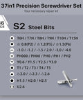 Detailed view of 37in1 Precision Screwdriver Set steel bits, includes 36 pieces for versatile electronics repair.