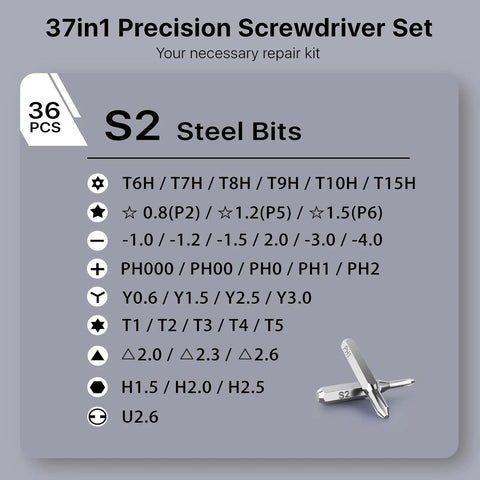 Detailed view of 37in1 Precision Screwdriver Set steel bits, includes 36 pieces for versatile electronics repair.