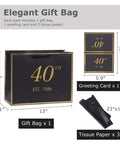 40th Birthday Gift Bag With Card And Tissue Paper For Men And Women 1986, shown with dimensions and included items: 13-inch black and gold bag, greeting card, tissue paper.