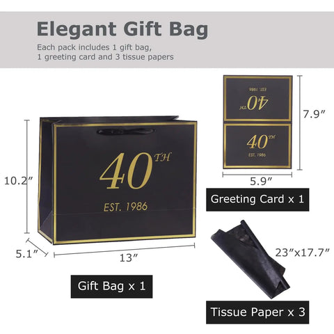 40th Birthday Gift Bag With Card And Tissue Paper For Men And Women 1986, shown with dimensions and included items: 13-inch black and gold bag, greeting card, tissue paper.