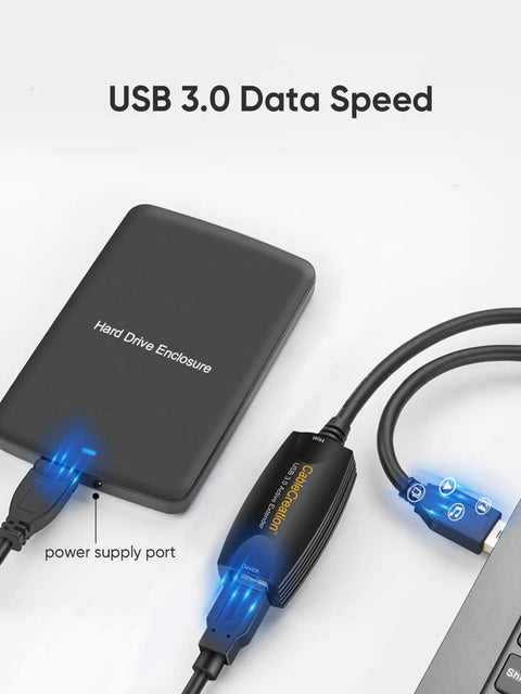 Active USB 3.0 Extension Cable 16.4 Ft 5M Male To Female With Signal Booster and Gold Plated Connectors shown with hard drive enclosure