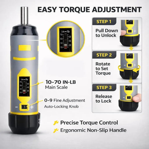 Dead Nuts Precise Torque Screwdriver Featuring Audible Click Factory Calibration 10 To 70 Inch Pounds showing easy torque adjustment scale and ergonomic design.
