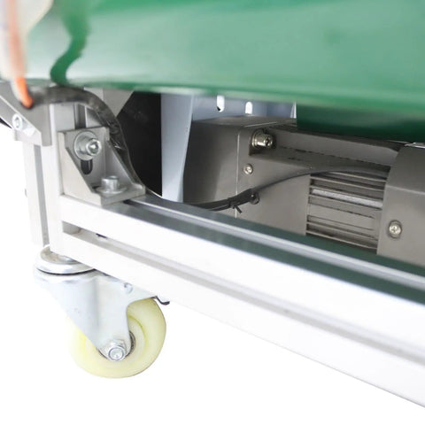 Close-up of caster wheel and metal frame of Electric Inclined Climbing Conveyor Belt With Baffle, Heavy Duty Industrial Belt Conveyor System