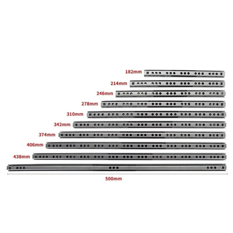 Two Way Smooth Glide Drawer Slides 17mm Wide 8 To 17 Inch Length 2 Pack Bearing Hardware For Smooth Quiet Drawer Operation No Sweat Easy Install Full Extension Rails For Kitchen Cabinets And Office Desks in various sizes measuring from 182mm to 500mm showcasing full range of the drawer slides.