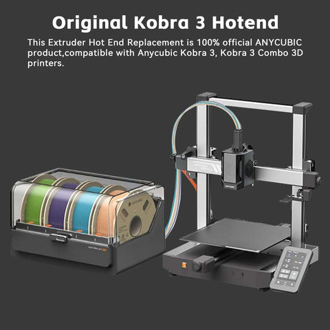3D printer setup with Anycubic Kobra 3 and filament storage, showcasing 2 Pack All Metal Hotend Replacement for Kobra 3 and Kobra 3 V2 Combo 3D Printers