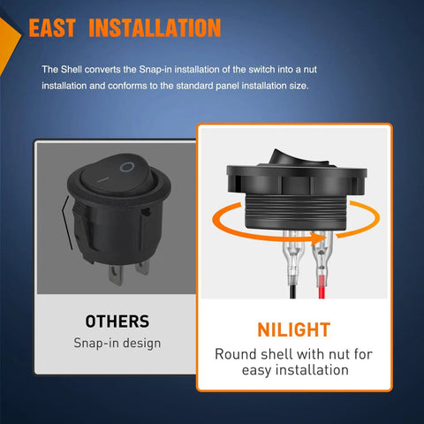 Comparison of snap-in design with Beefy Five Pack Round Rocker Switches With Wiring Harness SPST 2 Pin Pre Wired