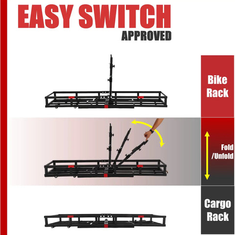 Beefy 2 Bike Hitch Rack And Foldable Cargo Carrier For E Bikes, Heavy Duty Fits Two Fat Tire Mountain Bikes, foldable mechanism shown.