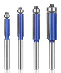Pro Straight Flush Trim Router Bit Set with Top Bearing, 1/4 Inch Shank, C3 Carbide Blades, Alloy Steel Bodies, 4-piece set