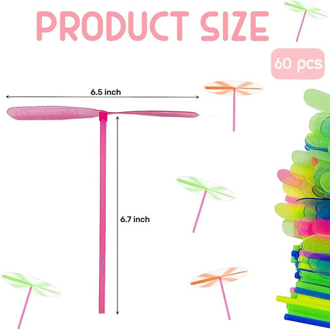 Hand Helicopter Spinner 36 Pack Plastic Propeller Dragonfly Toys shown with size dimensions for outdoor play and party favors