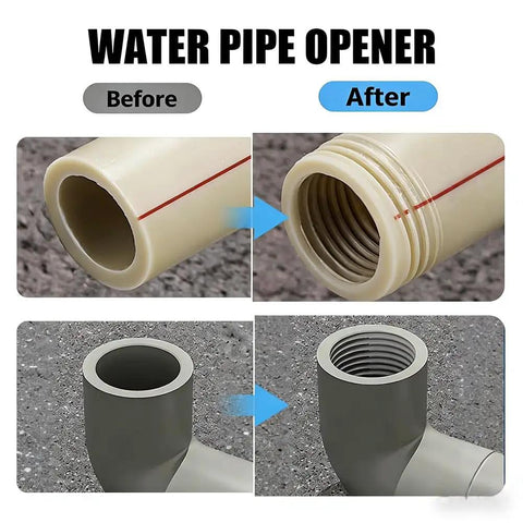 Before and after images of pipe threading using All In One Drill Driven Pipe Threader And Wrench For PVC And Water Pipes Universal Half Inch Three Quarters Inch And One Inch Pipe Opener With Internal And External Threading Fast Diy Plumbing Repair Tool Set For Home Or Pro