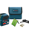 Beefy Outdoor Green Cross Line Laser Level With 75 Ft Range, Self Leveling, shown with pouch, magnetic mount, and batteries