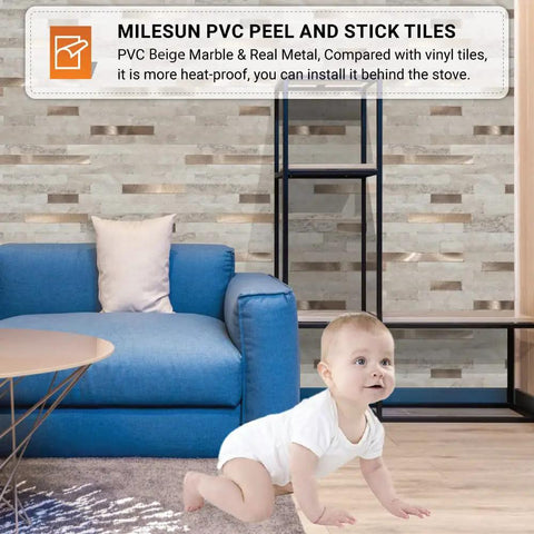 Beige Marble Peel And Stick Backsplash Tiles With Real Metal Look Easy Install DIY Friendly 10 Sheets 10.5 By 11.5 Inches. Living room scene.