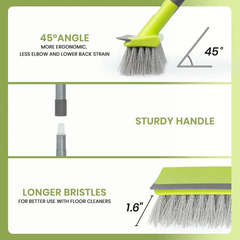 2 In 1 Floor Scrub Brush With Stiff Bristles And Integrated Squeegee, Long 57 Inch Handle demonstrating bristle angle and sturdiness