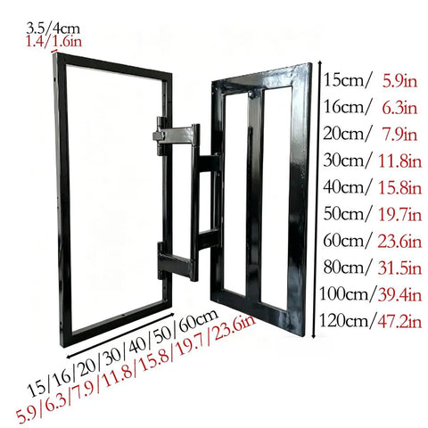 Invisible Tileable Access Panel For Drywall, showing dimensions of various sizes up to 120cm, featuring black waterproof casing.