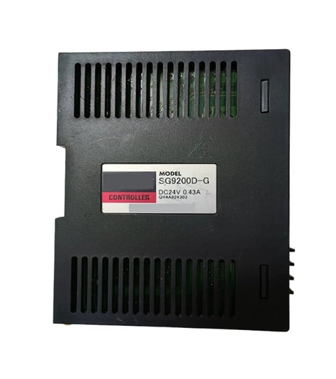 Close-up of SG9200D-G industrial motor controller with label, Rock-Solid Industrial Motor Controller For Stepper Motors, sleek black casing