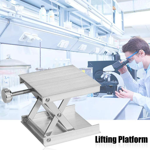 Lab lifting platform jack; stainless steel scissor lift with screw clamp, front view