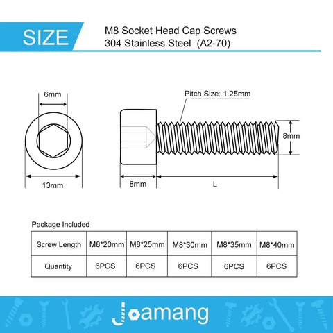 Hex Socket Head Cap Screws Set M8 X 20mm 25mm 30mm 35mm 40mm Stainless Steel 304 Fully Threaded with Allen Drive diagram