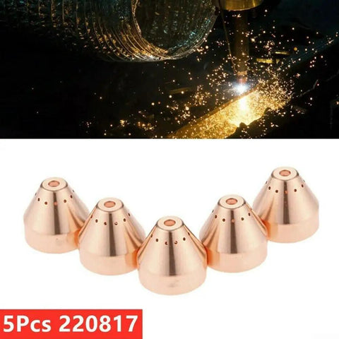 Five Pack 220817 Plasma Cutter Shield Nozzle Consumables Set For 65 85 105 Amp Plasma Machines, shown with 5 copper nozzles