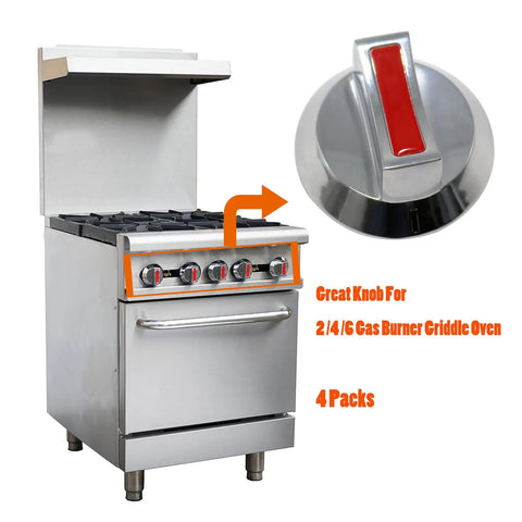 Universal Gas Stove Control Knob Set With Four Stem Adapters for Propane and Natural Gas, shown on a metal oven range.