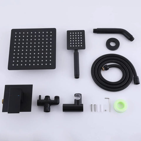 Matte Black 2 Handles Tub and Shower Faucet Set With Tub Spout, Valve Included, Dual 2 In 1 Shower System components