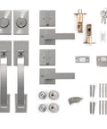 Double Front Door Handle Set With Heavy Duty Lock, Satin Nickel Finish, Keyed Entry Plus Dummy Handle, shown disassembled
