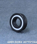 Top Tier Silicon Nitride Full Ceramic Ball Bearings Model 6009 With PTFE Cage And 45X75X16MM Specs side view on grey background.