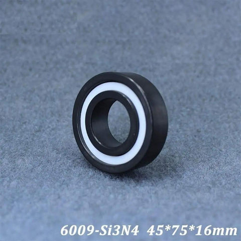 Top Tier Silicon Nitride Full Ceramic Ball Bearings Model 6009 With PTFE Cage And 45X75X16MM Specs side view on grey background.