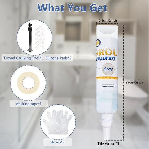 Tile Grout Repair Kit With Fast Drying Grout Filler And Silicone Trowel Scraper, Waterproof Grout Paint For Bathroom, Shower, Kitchen And Floor Tiles, Gray 17.64 Oz, DIY Friendly Refill And Renewal, showing kit contents.