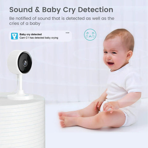 2K Indoor Security Cams Twin Pack With Night Vision, Smartphone App Access in nursery with baby sound detection feature.