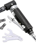 Right Angle Pneumatic Die Grinder 25000 RPM Air Powered Tool Featuring 1/4 And 1/8 Collets, includes wrenches and collets.