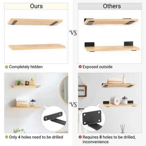 Comparison of Heavy Duty Black L Shelf Brackets 8 Pack Hidden Mount vs exposed mount showing installation differences on shelves.
