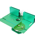Rock Solid Aluminum Router Table Lift With Smooth Zero Play Crank Handle For Tight 51mm Height Adjustment Durable Table Insert Plate with green aluminum design.