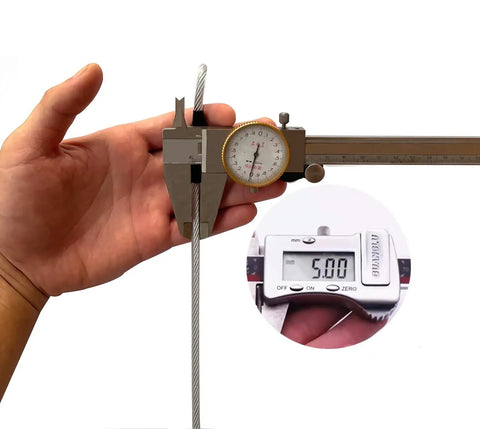 Measuring 30ft Outdoor Security Cable Lock For Travel Luggage Braided Steel Wire with calipers showing thickness detail.
