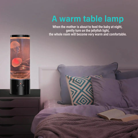 Jellyfish Lamp Liquid Table Lamp With Remote Control Color Changing Night Light on nightstand beside bed