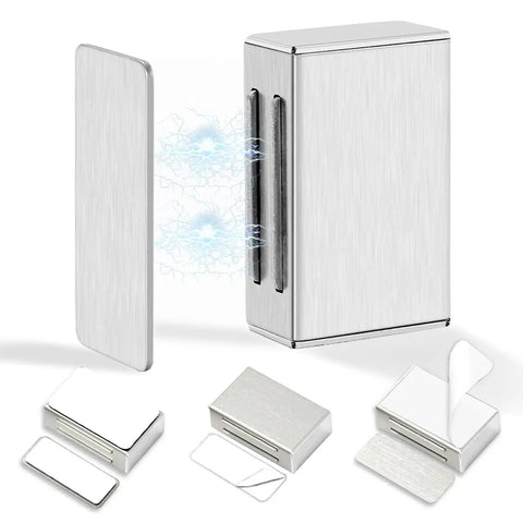 No Drill Adhesive Magnetic Door Catch Set 17lb Holding Force For Kitchen Cabinets Cupboards And Drawers Self Stick Stainless Steel Latch 4 Pack Silver Damage Free Mounting, showing components and adhesive features.