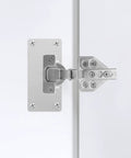 Close-up of durable stainless steel hinge on white cabinet door for Four Pack Full Overlay Cabinet Door Hinges With Soft Close And Hydraulic Action.