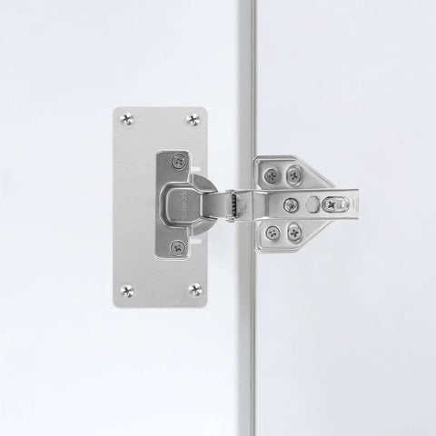 Close-up of durable stainless steel hinge on white cabinet door for Four Pack Full Overlay Cabinet Door Hinges With Soft Close And Hydraulic Action.