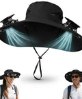 Wide Brim Solar Fan Sun Hat for Men and Women, UPF 50 Plus UV Protection, with built-in cooling fan, black bucket style